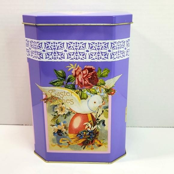 Easter Greetings Wishes Victorian Litho Printed Girl with Birds Tall Tin Box - Picture 4 of 14